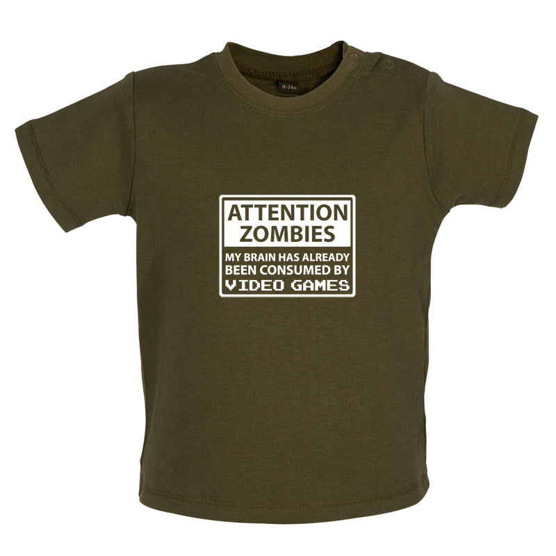 Attention Zombies - Brain Consumed By Video Games Baby T Shirt