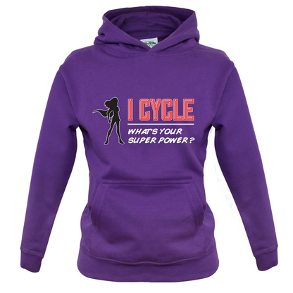 I Cycle What's Your Super Power FEMALE Design Kids T Shirt